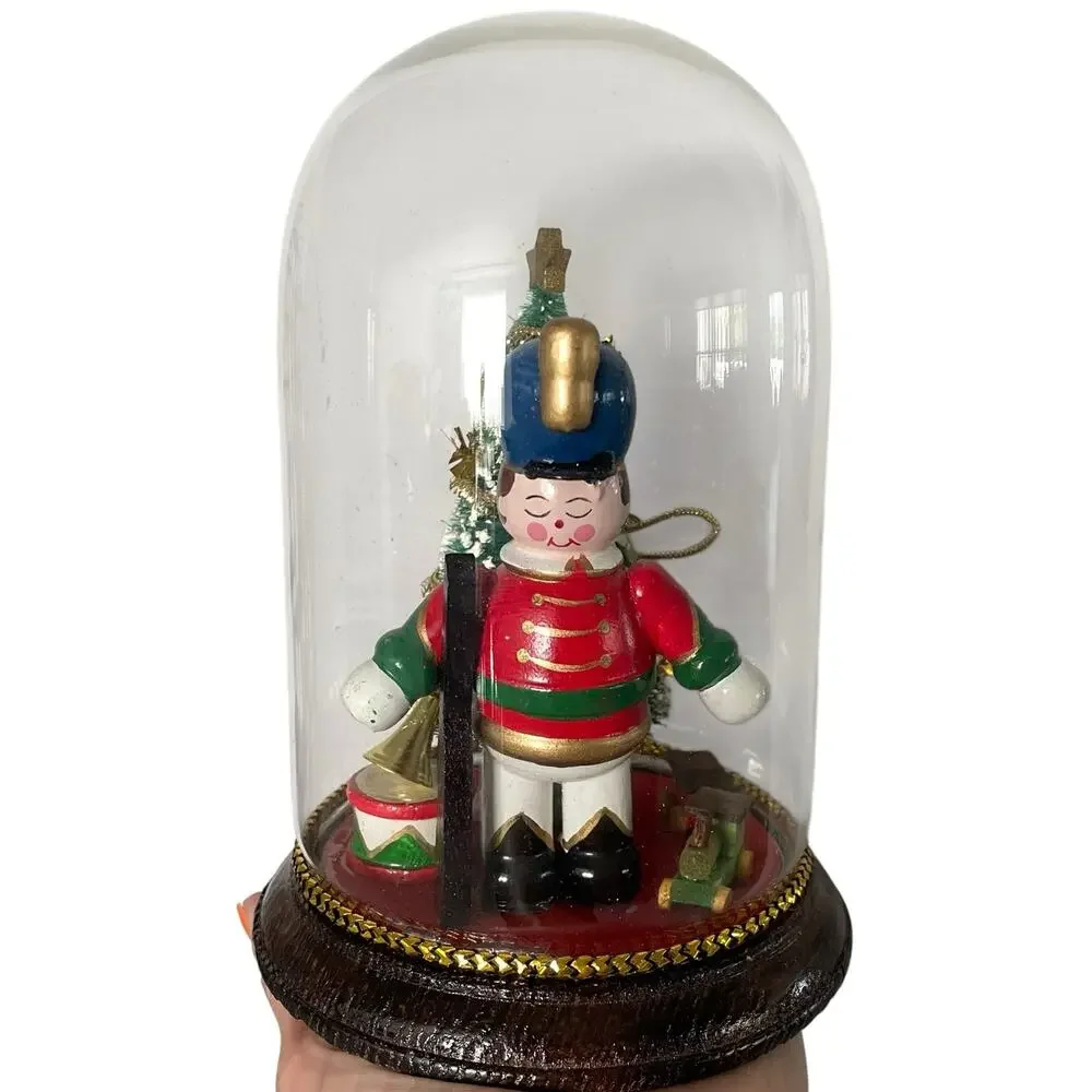 Vintage Christmas Cloche Wooden Nutcracker Tree Train Glass Dome MCM Taiwan READ